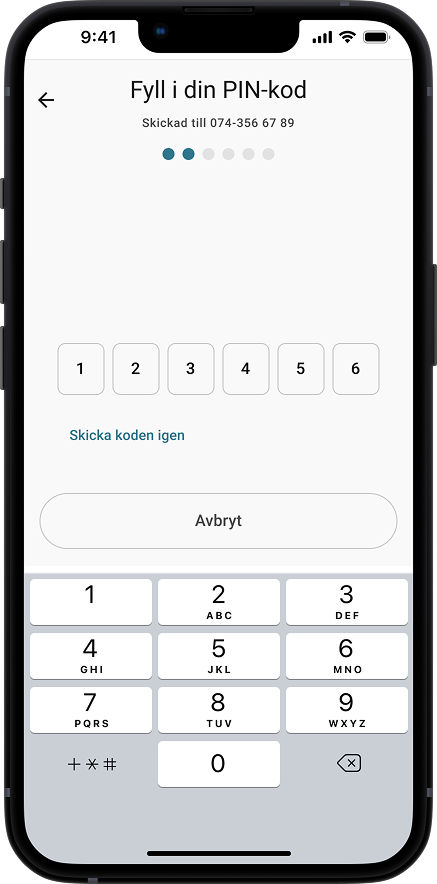 Mobilskärm som visar välkomstmeddelande efter lyckad inloggning