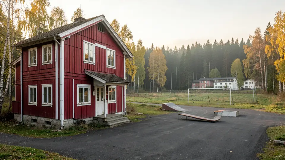 AI-genererad bild av Vintergatan 42 utifrån: ett falurött trähus i två våningar med vita knutar.