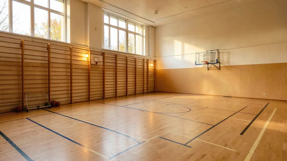 AI-genererad bild av sporthallen på Zonen, med trägolv och basketkorgar.