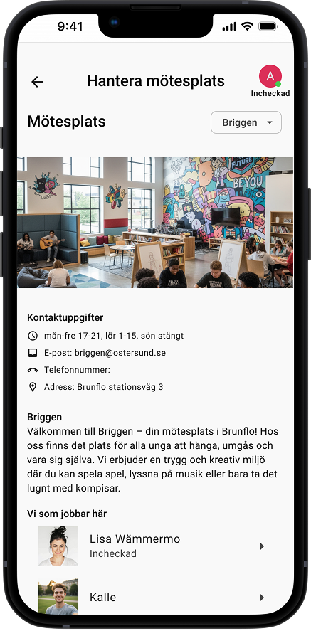 Mobilskärm som visar översikt över incheckade besökare på mötesplatsen
